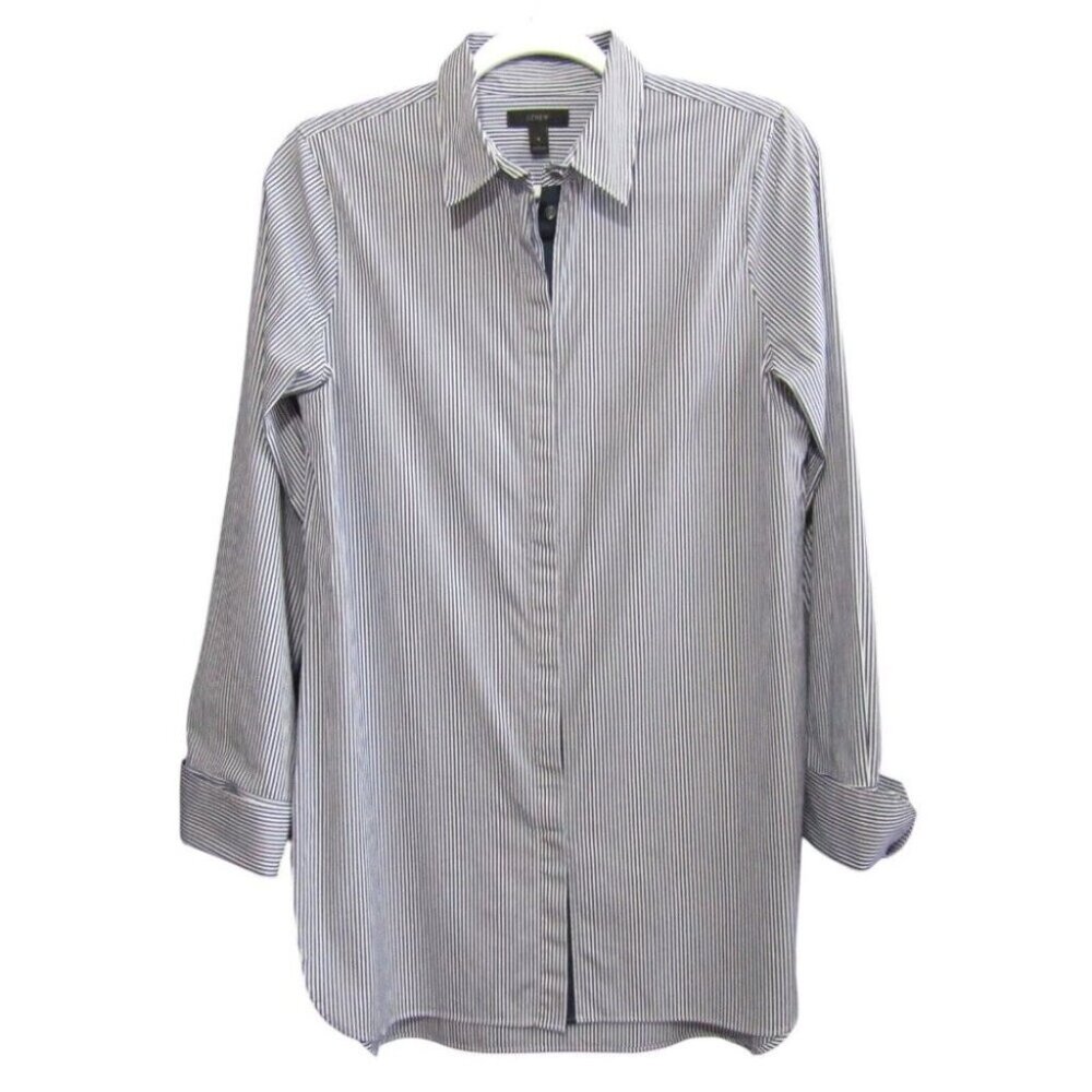 J Crew Navy Blue Stripe Endless Shirt Size 6 Button Front Tunic Pinstripe A9873